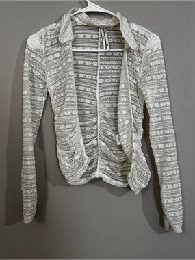 By Anthropologie Long-Sleeve V-Neck Floral Lace Stretch Ruched Top Ivory SZ XXS